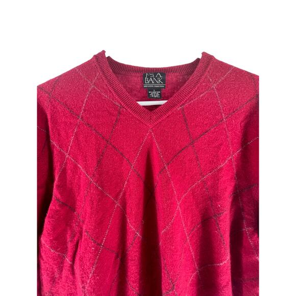 Jos. A. Bank Lambs Wool Red Argyle V-Neck Pullover Sweater Men's Size Large - Picture 2 of 5